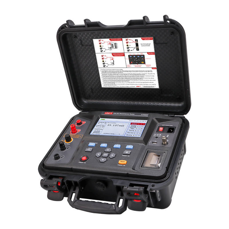UNI-T UT620T 10A DC Resistance Tester – 100µΩ–1MΩ, 0.1µΩ Resolution, Constant-Current 40mA–10A, 4-Wire, 7" Colour LCD, Built-in Printer, Winding Ohmmeter - with a 7-inch colour display showing resistance data, control buttons, ports, and a printer.