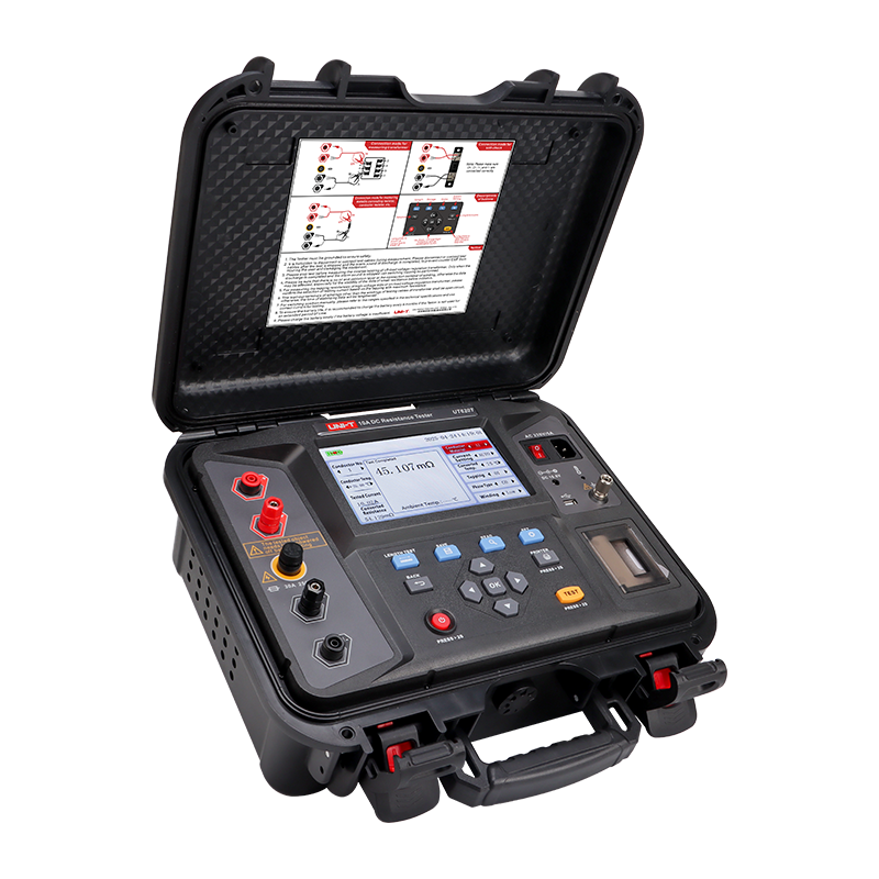 UNI-T UT620T 10A DC Resistance Tester – 100µΩ–1MΩ, 0.1µΩ Resolution, Constant-Current 40mA–10A, 4-Wire, 7" Colour LCD, Built-in Printer, Winding Ohmmeter - with an open lid, showing a colour LCD, control buttons, ports, and a built-in printer.