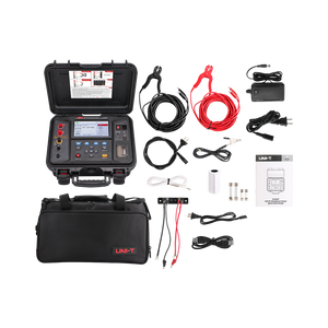 UNI-T UT620T 10A DC Resistance Tester – 100µΩ–1MΩ, 0.1µΩ Resolution, Constant-Current 40mA–10A, 4-Wire, 7" Colour LCD, Built-in Printer, Winding Ohmmeter - the black main unit with a colour LCD screen, carrying bag, test leads, power cables, and accessories.