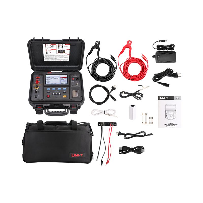 UNI-T UT620T 10A DC Resistance Tester – 100µΩ–1MΩ, 0.1µΩ Resolution, Constant-Current 40mA–10A, 4-Wire, 7" Colour LCD, Built-in Printer, Winding Ohmmeter - the black main unit with a colour LCD screen, carrying bag, test leads, power cables, and accessories.