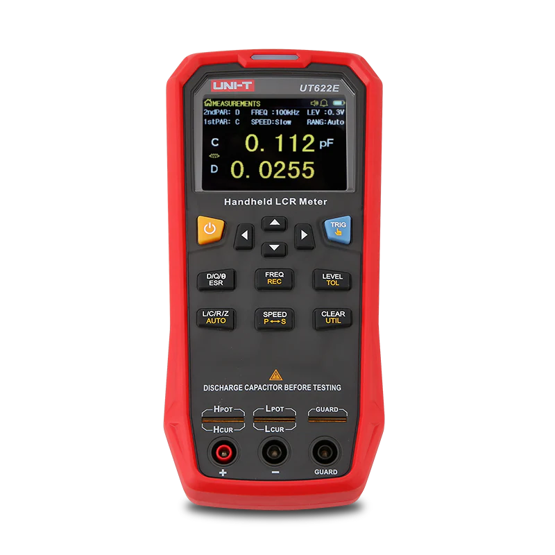 UNI-T UT622E Handheld LCR Meter – 100 kHz, 0.1% Accuracy, 5-Digit, DCR, L/C/R/Z/D/Q/θ, 2.8" TFT, USB - a red and black portable device with a TFT screen showing 0.112 pF and 0.0255 D, keypad buttons, and three bottom ports.