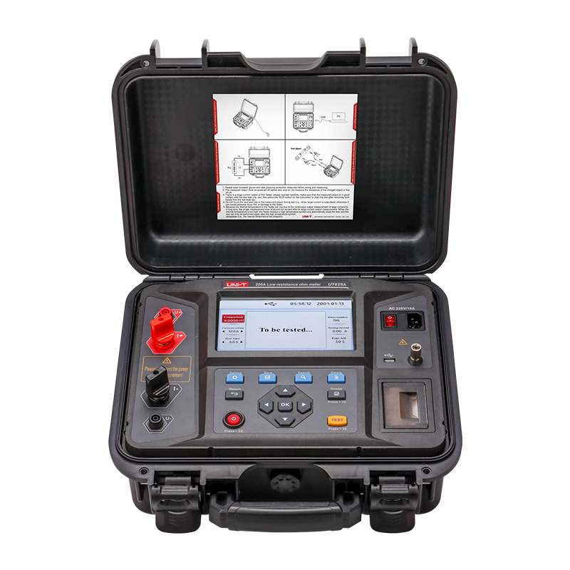 UNI-T UT625A 100A Low Resistance Ohmmeter – 0.1µΩ Resolution, 4-Wire Kelvin, Circuit-Breaker Contact Resistance, 7" LCD, Built-in Printer, USB, Micro-Ohmmeter - open black hard case, showing a central LCD screen reading "To be tested...", control buttons, ports, and a built-in printer.