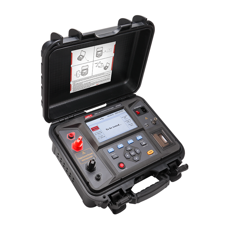 UNI-T UT625A 100A Low Resistance Ohmmeter – 0.1µΩ Resolution, 4-Wire Kelvin, Circuit-Breaker Contact Resistance, 7" LCD, Built-in Printer, USB, Micro-Ohmmeter - black open carrying case with a 7-inch LCD screen displaying "To be tested...", control buttons, ports, and a built-in printer.