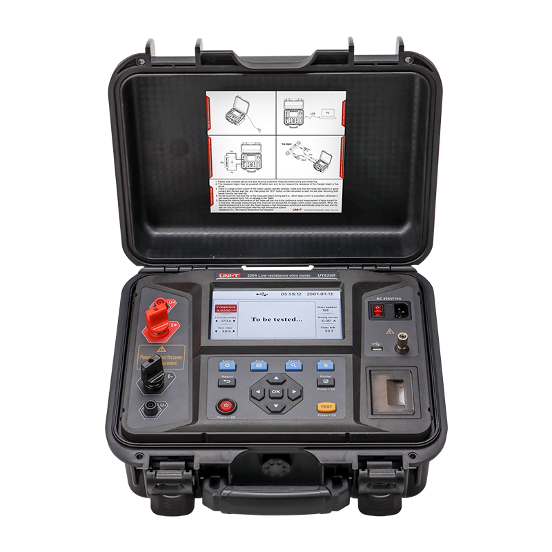 UNI-T UT625B 200A Low Resistance Ohmmeter – 0.1µΩ Resolution, 4-Wire Kelvin, Circuit-Breaker Contact Resistance, 7" LCD, Built-in Printer, USB, Micro-Ohmmeter - the LCD screen, control buttons, test terminals, and built-in printer.