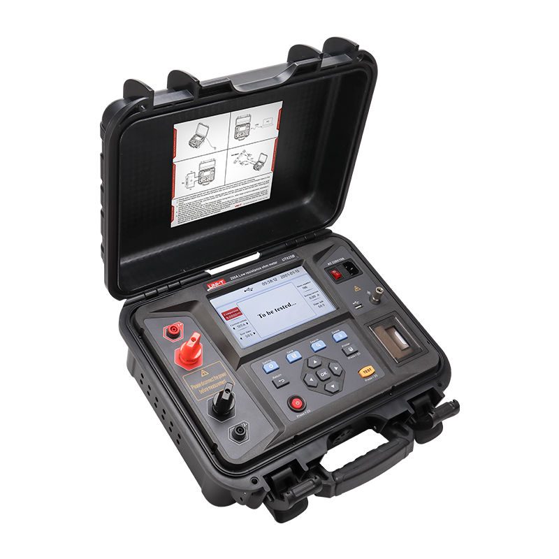 UNI-T UT625B 200A Low Resistance Ohmmeter – 0.1µΩ Resolution, 4-Wire Kelvin, Circuit-Breaker Contact Resistance, 7" LCD, Built-in Printer, USB, Micro-Ohmmeter - with a 7-inch display showing "To be tested...", control buttons, and ports.