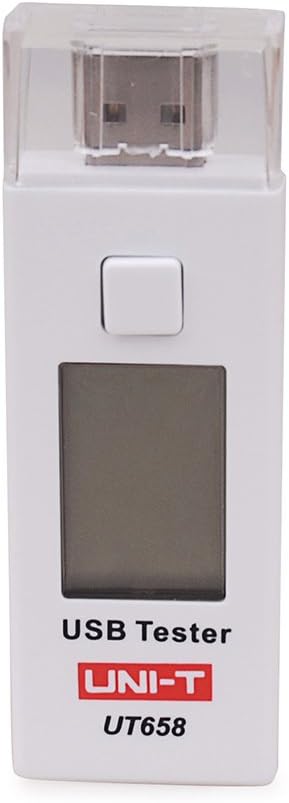 UNI-T UT658 USB Tester – 3–9V, 0–3A, 9999mAh, Voltage / Current / Capacity / Power Meter, USB Charger Doctor Detector - a white, rectangular device featuring a USB connector with a clear cap, a square button, and a blank digital screen.