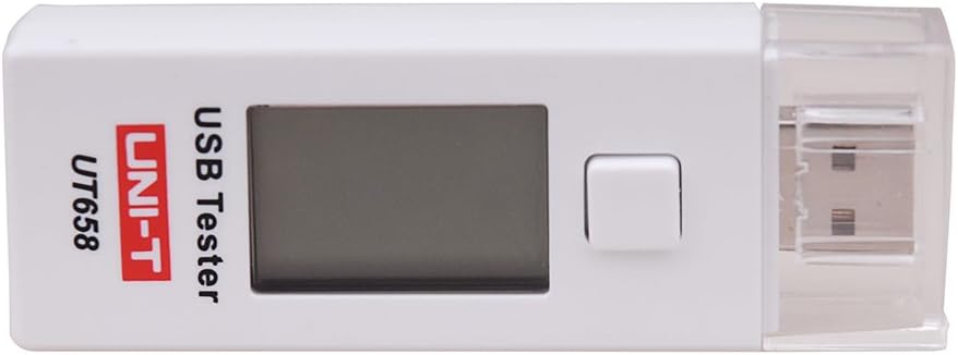 UNI-T UT658 USB Tester – 3–9V, 0–3A, 9999mAh, Voltage / Current / Capacity / Power Meter, USB Charger Doctor Detector - a white rectangular device with a blank LCD screen, a single square button, and a USB connector protected by a clear cap.
