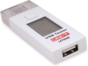 UNI-T UT658 USB Tester – 3–9V, 0–3A, 9999mAh, Voltage / Current / Capacity / Power Meter, USB Charger Doctor Detector - a white, rectangular device featuring a blank screen, a top button, a USB input connector, and a USB output port.