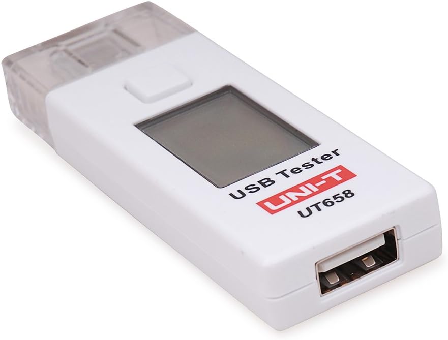 UNI-T UT658 USB Tester – 3–9V, 0–3A, 9999mAh, Voltage / Current / Capacity / Power Meter, USB Charger Doctor Detector - a white, rectangular device featuring a blank screen, a top button, a USB input connector, and a USB output port.
