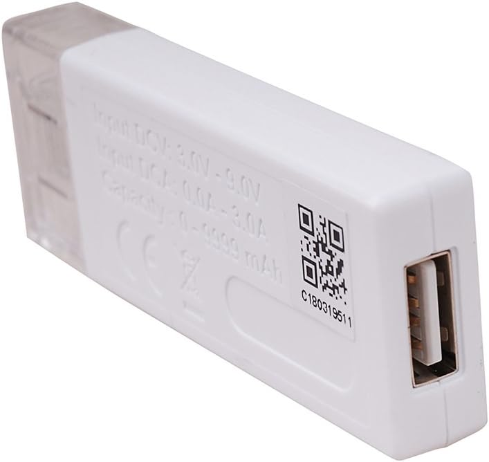 UNI-T UT658 USB Tester – 3–9V, 0–3A, 9999mAh, Voltage / Current / Capacity / Power Meter, USB Charger Doctor Detector - a white rectangular device featuring a USB-A port on one end and a QR code sticker with text on its side.