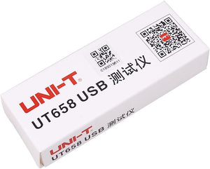 UNI-T UT658 USB Tester – 3–9V, 0–3A, 9999mAh, Voltage / Current / Capacity / Power Meter, USB Charger Doctor Detector - shown in its white rectangular retail packaging box with the brand name, model number, and QR codes printed on the top surface.