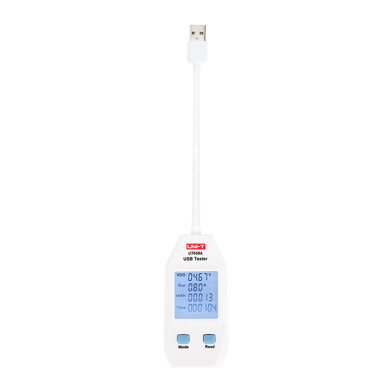 UNI-T UT658A USB Tester – Type-A, 4~24 V / 0.05~3 A, Capacity, Energy & Cable Resistance, QC 2.0/3.0 - a white handheld device with a USB cable, a digital display showing 4.67V and 0.80A, and two buttons labeled Mode and Read.