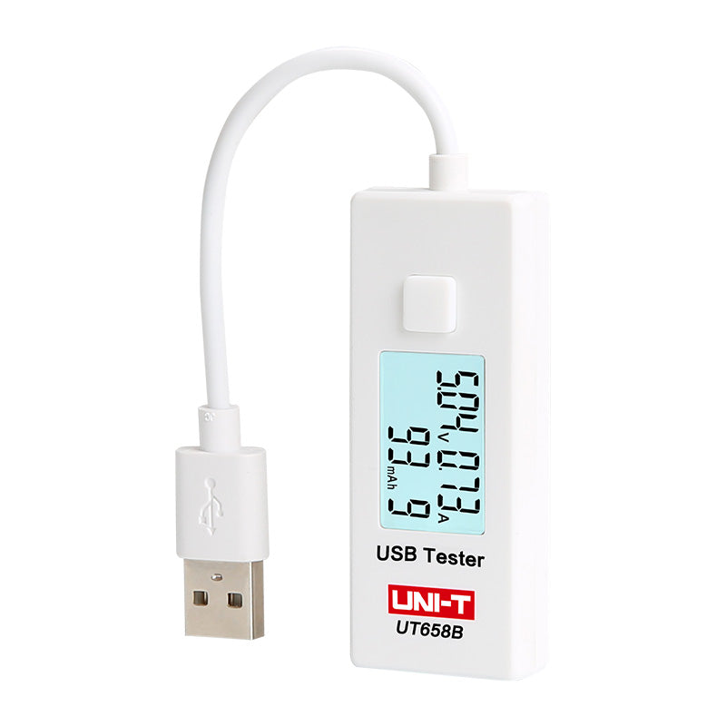 UNI-T UT658B USB Tester – 3–9V, 0–3.5A, Voltage/Current/Capacity Monitor, 0–9999mAh, 10-Set Storage, LCD, USB Power Meter - a white USB power meter with a cable, a button, and an LCD screen displaying 5.04V, 0.73A, and 93.9mAh.