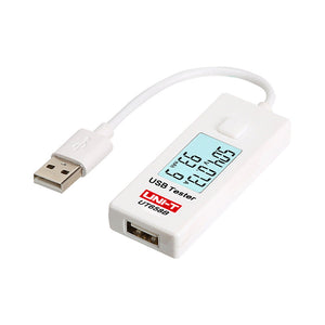 UNI-T UT658B USB Tester – 3–9V, 0–3.5A, Voltage/Current/Capacity Monitor, 0–9999mAh, 10-Set Storage, LCD, USB Power Meter - a white USB power meter with a cable, a male USB connector, a female USB port, a button, and an LCD showing 5.04V and 0.07A.