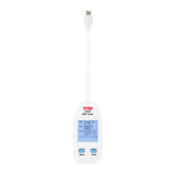 UNI-T UT658C USB Tester – Type-A & Type-C, 4~24 V, A:0.05~3 A / C:0.05~5 A, Capacity/Energy, QC 2.0/4.0 - a white handheld device with a USB-C cable, showing a digital screen with 4.67V, 0.00A, 00013mAh, and 000:04 time readings.