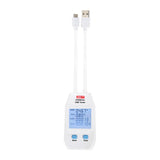 UNI-T UT658DUAL USB Tester – Type-A & Type-C, 4–24V, up to 5A, QC3.0/QC4.0, Capacity / Energy / Resistance Meter - a white body with two cables, a digital display reading 4.67V and 0.80A, and two blue Mode and Read buttons.