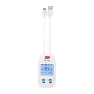 UNI-T UT658DUAL USB Tester – Type-A & Type-C, 4–24V, up to 5A, QC3.0/QC4.0, Capacity / Energy / Resistance Meter - a white body with two cables, a digital display reading 4.67V and 0.80A, and two blue Mode and Read buttons.