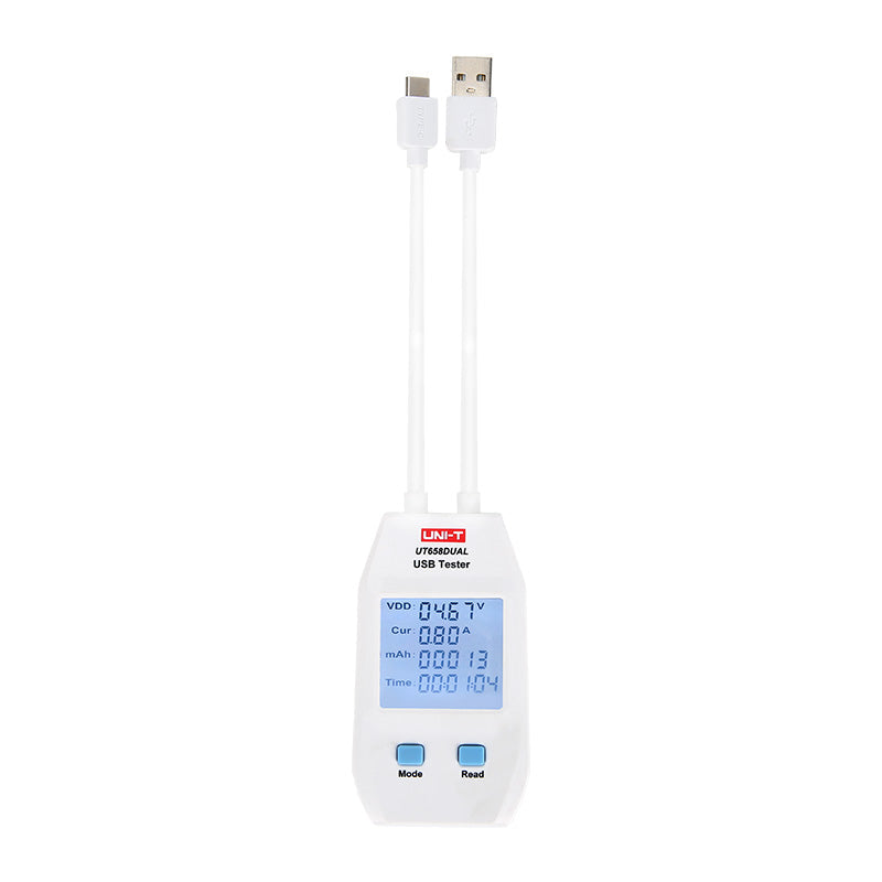 UNI-T UT658DUAL USB Tester – Type-A & Type-C, 4–24V, up to 5A, QC3.0/QC4.0, Capacity / Energy / Resistance Meter - a white body with two cables, a digital display reading 4.67V and 0.80A, and two blue Mode and Read buttons.