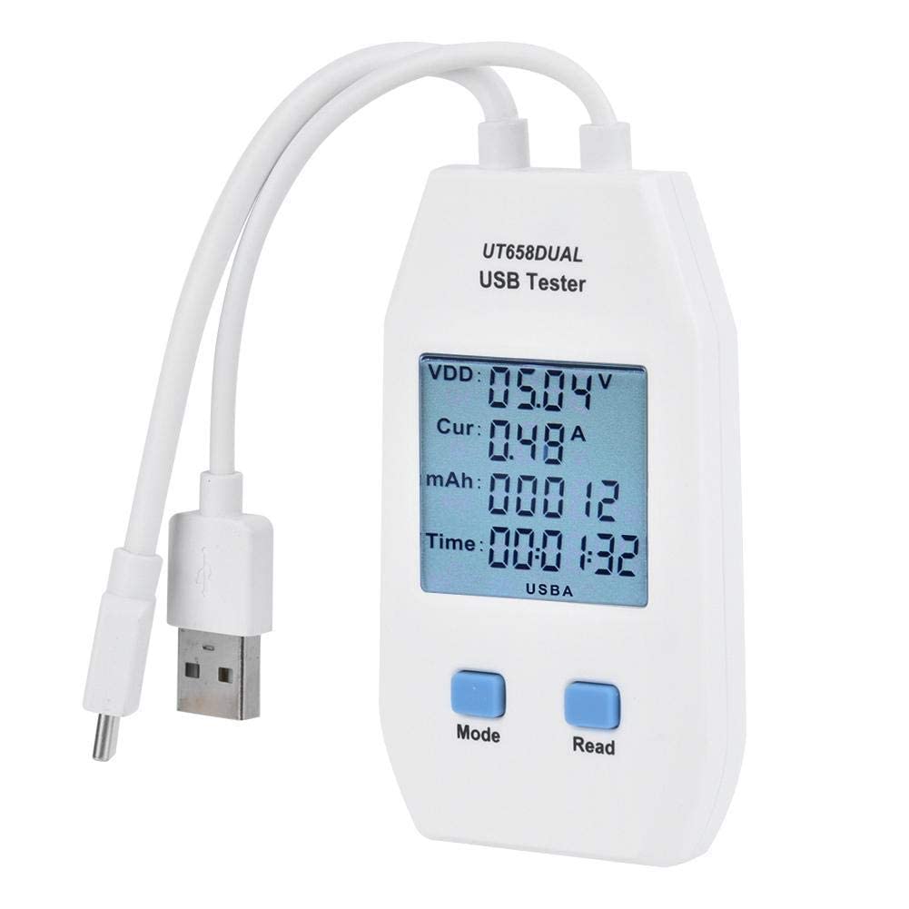 UNI-T UT658DUAL USB Tester – Type-A & Type-C, 4–24V, up to 5A, QC3.0/QC4.0, Capacity / Energy / Resistance Meter - a white handheld device with a digital display showing 05.04V, 0.48A, 00012mAh, and 00:01:32, with two blue buttons and cables.
