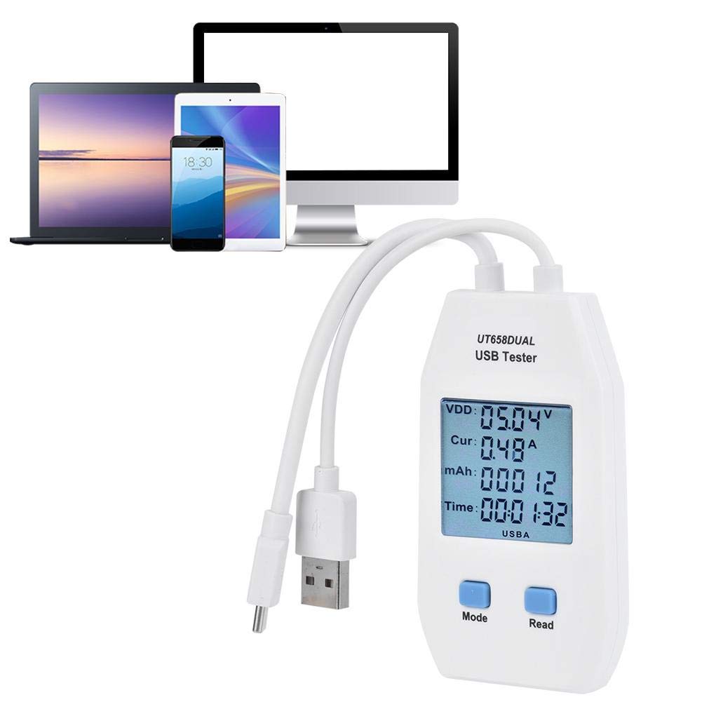 UNI-T UT658DUAL USB Tester – Type-A & Type-C, 4–24V, up to 5A, QC3.0/QC4.0, Capacity / Energy / Resistance Meter - a white handheld device with a digital display reading 05.04V, 0.48A, 00012mAh, and 00:01:32 with two input cables.