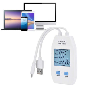 UNI-T UT658DUAL USB Tester – Type-A & Type-C, 4–24V, up to 5A, QC3.0/QC4.0, Capacity / Energy / Resistance Meter - a white handheld device with a digital display reading 05.04V, 0.48A, 00012mAh, and 00:01:32 with two input cables.