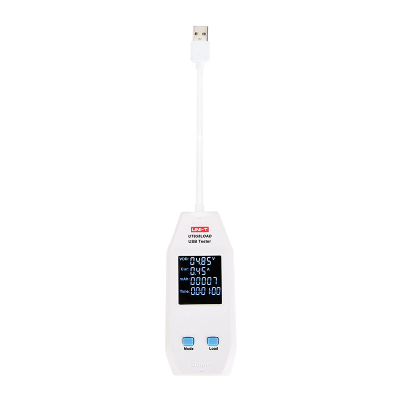 UNI-T UT658LOAD USB Tester with Electronic Load – Type-A, 4~24 V / 0.05~3 A, Selectable Load 0.5/1/2/3 A (60 W) - a white handheld device with a USB-A connector, a digital display showing 04.85V and 0.45A, and two blue control buttons.