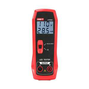 UNI-T UT659A LED Tester – 24V/300V Output, LED & LED-Driver Test, Continuity, AC 85–265V Input, CAT II 300V, Backlit LED Test Meter - a red handheld device with a digital display showing 110V and 28.5mA, a mode switch, and two output ports.