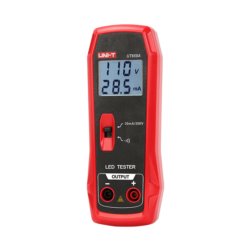 UNI-T UT659A LED Tester – 24V/300V Output, LED & LED-Driver Test, Continuity, AC 85–265V Input, CAT II 300V, Backlit LED Test Meter - a red handheld device with a digital display showing 110V and 28.5mA, a central mode switch, and two output ports.