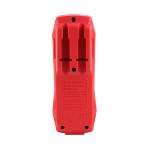 UNI-T UT659A LED Tester – 24V/300V Output, LED & LED-Driver Test, Continuity, AC 85–265V Input, CAT II 300V, Backlit LED Test Meter - rear view showing the red plastic casing with integrated probe storage slots and printed safety warning text.