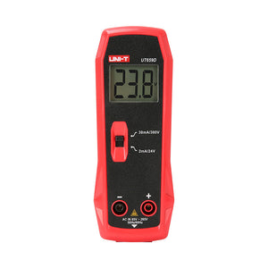 UNI-T UT659D LED Tester – 300V Output, 30mA, LED & LED-Driver Test, Continuity, AC 85–265V Input, CAT II 300V, Backlit LED Test Meter - a red handheld device with a digital display showing 23.8V, a central slide switch, and two input ports at the bottom.
