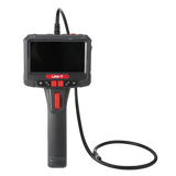 UNI-T UT663B-2M 360° Rotatable Industrial Borescope – 5.0" HD Screen, 1920×1080 Photo/Video, 8mm Lens, 2 m Articulating Probe, IP67, 32GB, Inspection Camera - a black handheld unit with a 5-inch screen, control buttons, a red thumbwheel, and a flexible probe.