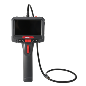 UNI-T UT663B-2M 360° Rotatable Industrial Borescope – 5.0" HD Screen, 1920×1080 Photo/Video, 8mm Lens, 2 m Articulating Probe, IP67, 32GB, Inspection Camera - a black handheld unit with a 5-inch screen, control buttons, a red thumbwheel, and a flexible probe.