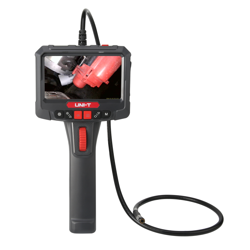 UNI-T UT663B-2M 360° Rotatable Industrial Borescope – 5.0" HD Screen, 1920×1080 Photo/Video, 8mm Lens, 2 m Articulating Probe, IP67, 32GB, Inspection Camera - with a grey handle, screen showing a red component, and a long black flexible probe with a camera tip.