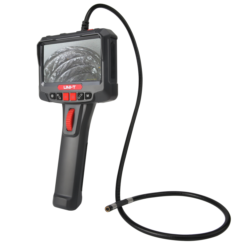 UNI-T UT663B-2M 360° Rotatable Industrial Borescope – 5.0" HD Screen, 1920×1080 Photo/Video, 8mm Lens, 2 m Articulating Probe, IP67, 32GB, Inspection Camera - a black handheld body with a 5-inch screen displaying a pipe interior, control buttons, and a probe.