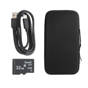 UNI-T UT663B 360° Rotatable Industrial Borescope – 5.0" HD Screen, 1920×1080 Photo/Video, 8mm Lens, 1 m Articulating Probe, IP67, 32GB, Inspection Camera - accessories including a black carrying case, a USB charging cable, and a 32GB memory card laid out on a white background.