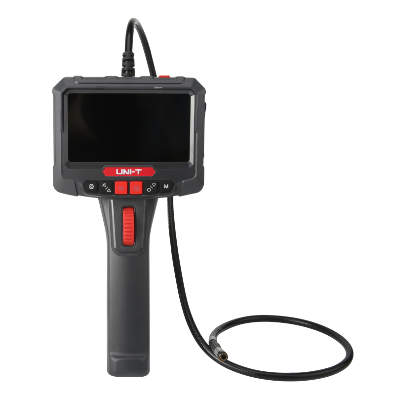 UNI-T UT663B-3M 360° Rotatable Industrial Borescope – 5.0" HD Screen, 1920×1080 Photo/Video, 8mm Lens, 3 m Articulating Probe, IP67, 32GB, Inspection Camera - with a grey handheld monitor, black screen, red control buttons, and a long flexible black probe cable.