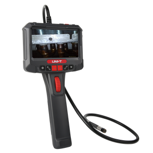 UNI-T UT663B-3M 360° Rotatable Industrial Borescope – 5.0" HD Screen, 1920×1080 Photo/Video, 8mm Lens, 3 m Articulating Probe, IP67, 32GB, Inspection Camera - a grey handheld unit with a 5-inch display showing pipes, a red control dial, and a long flexible probe.