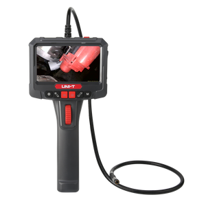 UNI-T UT663B-3M 360° Rotatable Industrial Borescope – 5.0" HD Screen, 1920×1080 Photo/Video, 8mm Lens, 3 m Articulating Probe, IP67, 32GB, Inspection Camera - a grey handheld unit with a screen showing a red component, control buttons, and a long flexible probe.
