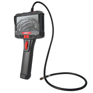 UNI-T UT663B-3M 360° Rotatable Industrial Borescope – 5.0" HD Screen, 1920×1080 Photo/Video, 8mm Lens, 3 m Articulating Probe, IP67, 32GB, Inspection Camera - a black handheld body, a 5-inch screen displaying a metallic tube, and a long, flexible probe with a camera.