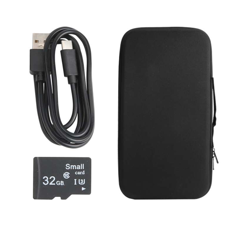 UNI-T UT663B-3M 360° Rotatable Industrial Borescope – 5.0" HD Screen, 1920×1080 Photo/Video, 8mm Lens, 3 m Articulating Probe, IP67, 32GB, Inspection Camera - accessories including a black carrying case, a USB charging cable, and a 32GB Small card microSD memory card.