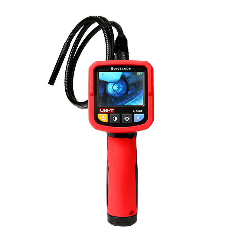 UNI-T UT665 Industrial Borescope – 2.4" TFT Screen, 9mm Camera Probe, 1m Semi-Rigid, IP67, 4 LED, Inspection Endoscope Camera - with a red handheld body, a 2.4-inch screen displaying a circular view, four control buttons, and a flexible camera probe.