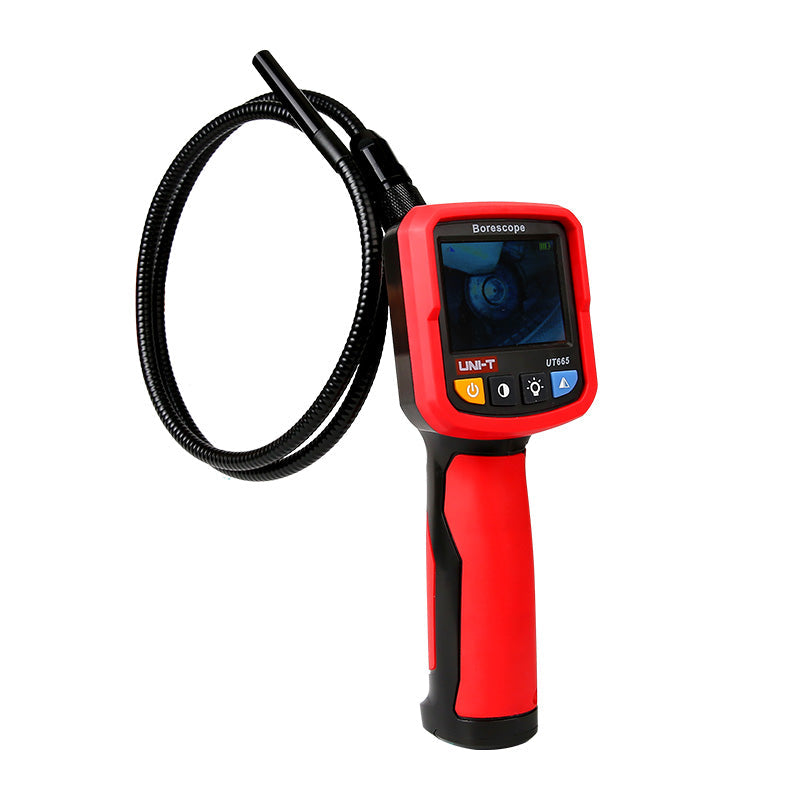UNI-T UT665 Industrial Borescope – 2.4" TFT Screen, 9mm Camera Probe, 1m Semi-Rigid, IP67, 4 LED, Inspection Endoscope Camera - with a red handle, a 2.4-inch display showing a camera view, four control buttons, and a long black flexible probe.