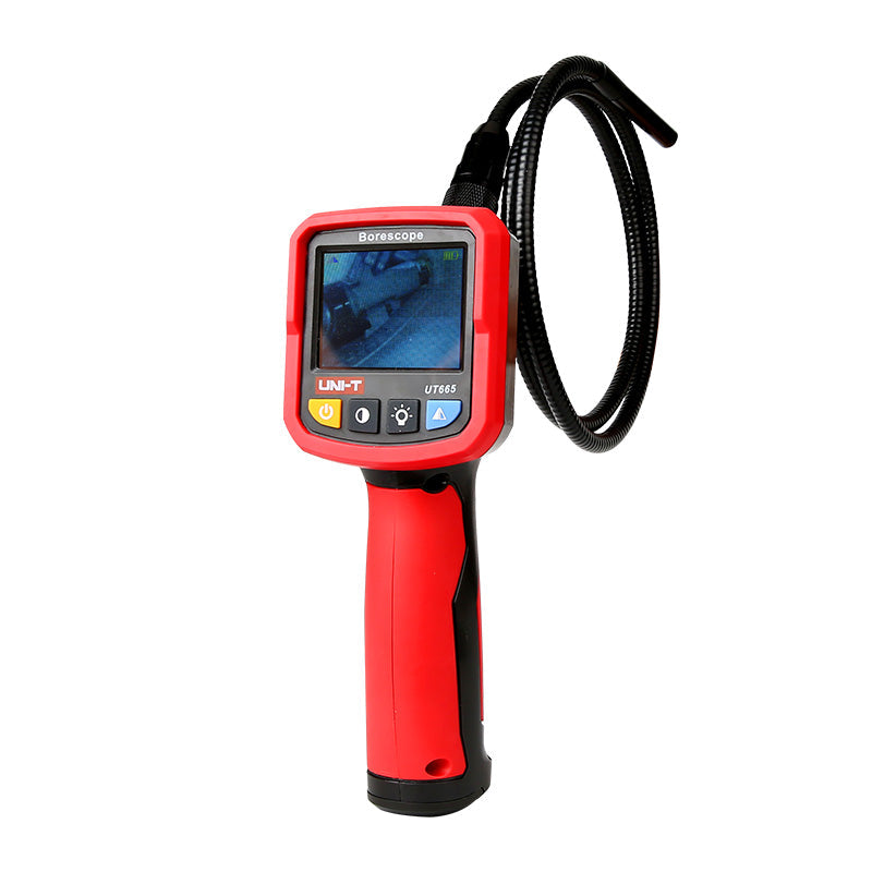 UNI-T UT665 Industrial Borescope – 2.4" TFT Screen, 9mm Camera Probe, 1m Semi-Rigid, IP67, 4 LED, Inspection Endoscope Camera - with a red handle, 2.4-inch screen displaying a camera feed, four control buttons, and a long black flexible probe.