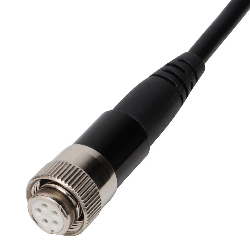 UNI-T UT665P-10M Handheld Single-Lens Industrial Borescope – 4.3" HD Screen, 8mm Lens, 10 m Replaceable Probe, IP67, 8 LED, Inspection Camera - close-up of a black cable ending in a circular metal connector with five internal pins.
