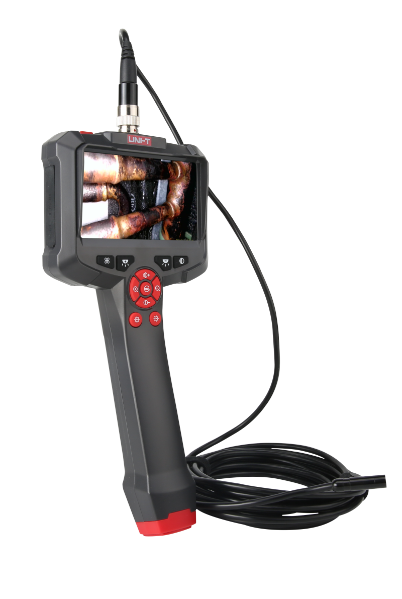 UNI-T UT665P-5M Handheld Single-Lens Industrial Borescope – 4.3" HD Screen, 8mm Lens, 5 m Replaceable Probe, IP67, 8 LED, Inspection Camera - with a 4.3-inch screen displaying copper pipes, a red control keypad, and a coiled 5-meter camera probe.