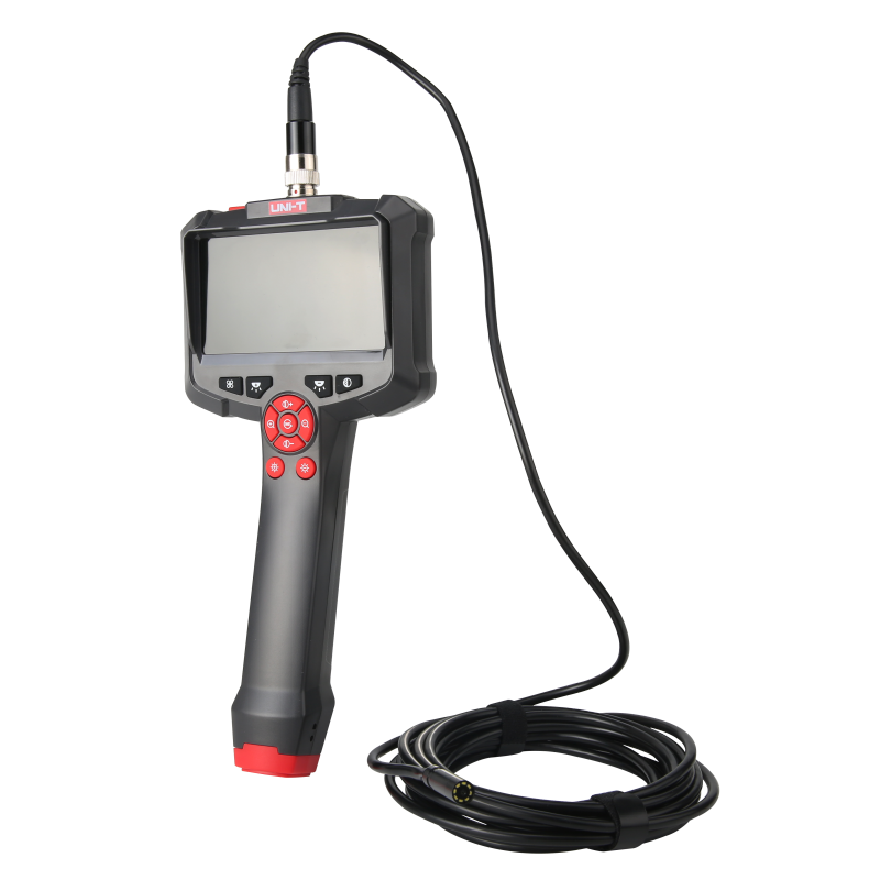 UNI-T UT665P Handheld Single-Lens Industrial Borescope – 4.3" HD Screen, 8mm Lens, 1 m Replaceable Probe, IP67, 8 LED, Inspection Camera - with a 4.3-inch screen, red control buttons, and a long black camera probe cable coiled on a white background.