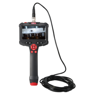 UNI-T UT665P Handheld Single-Lens Industrial Borescope – 4.3" HD Screen, 8mm Lens, 1 m Replaceable Probe, IP67, 8 LED, Inspection Camera - with a black handheld unit, 4.3-inch screen showing a metal pipe interior, control buttons, and a coiled probe cable.