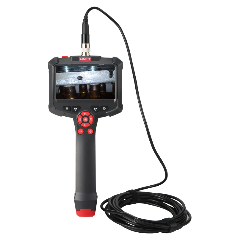 UNI-T UT665P Handheld Single-Lens Industrial Borescope – 4.3" HD Screen, 8mm Lens, 1 m Replaceable Probe, IP67, 8 LED, Inspection Camera - with a black handheld unit, 4.3-inch screen showing a metal pipe interior, control buttons, and a coiled probe cable.