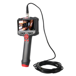 UNI-T UT665P Handheld Single-Lens Industrial Borescope – 4.3" HD Screen, 8mm Lens, 1 m Replaceable Probe, IP67, 8 LED, Inspection Camera - with a black body, red accents, a 4.3-inch screen showing pipes, control buttons, and a coiled probe cable.