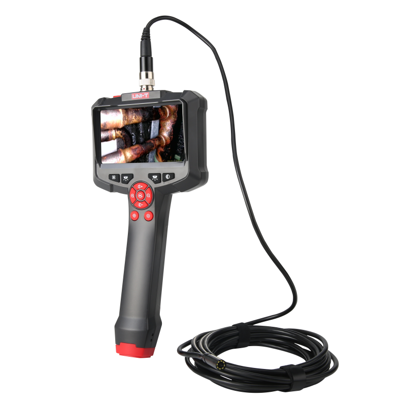 UNI-T UT665P Handheld Single-Lens Industrial Borescope – 4.3" HD Screen, 8mm Lens, 1 m Replaceable Probe, IP67, 8 LED, Inspection Camera - with a black body, red accents, a 4.3-inch screen showing pipes, control buttons, and a coiled probe cable.
